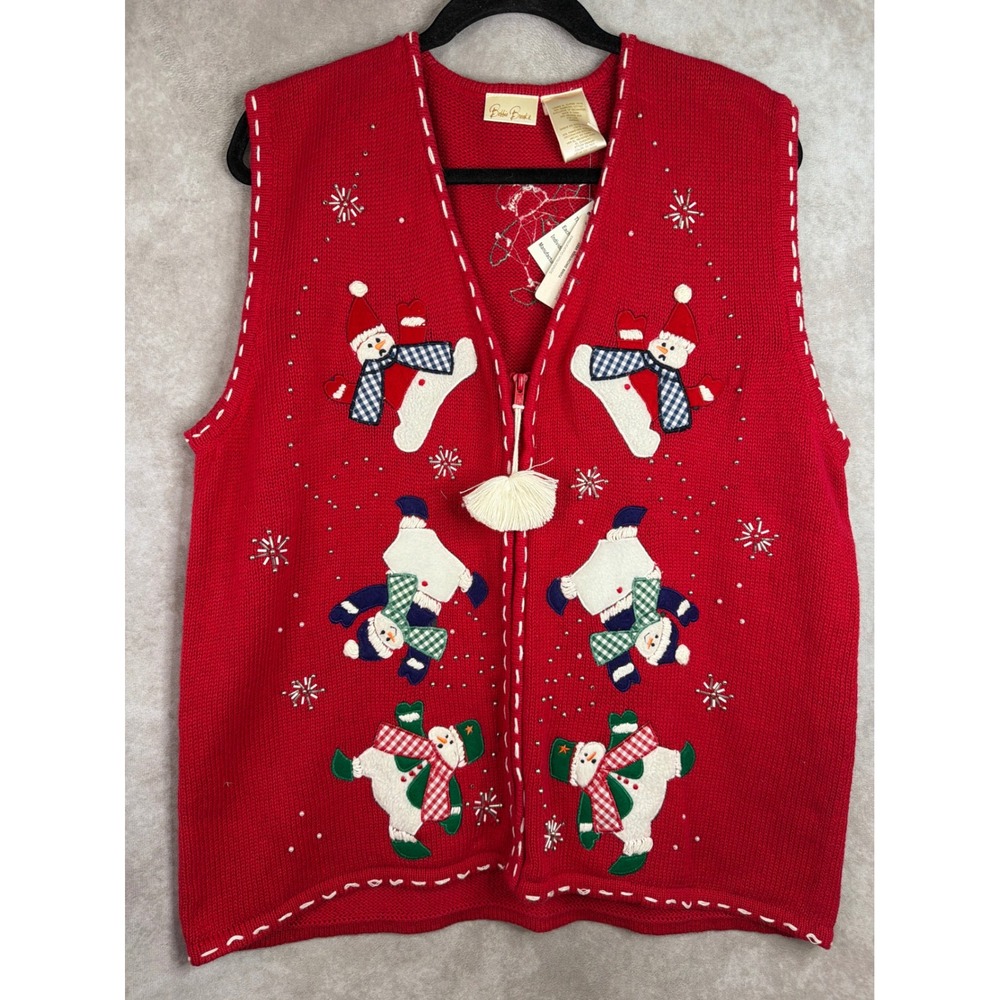 NWT VTG Bobbie Brooks Sweater Vest Women XL Red Christmas Tumbling Snowmen Zip